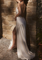 Spaghetti Strap V-Neck Lace Trim Open Back High Slit Satin Maxi Slip Dress