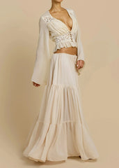 Lace Patchwork Flare Sleeve Waist Top + Tiered Ruffle Maxi Skirt Set