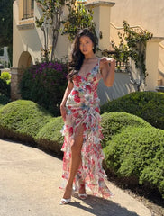 3D Flower Ruffle Chiffon High-Low Maxi Dress