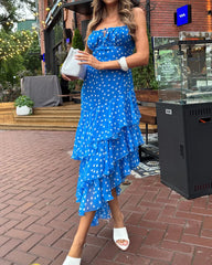 French Vintage Polka Dot Cami Waist-Cinching Asymmetric Ruffle Mermaid Maxi Dress