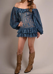 Off-Shoulder Lace Balloon Sleeve Ruffle Mini Dress