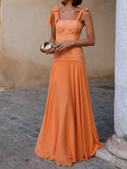 Tie-Shoulder Lace Bodice Chiffon Maxi Dress