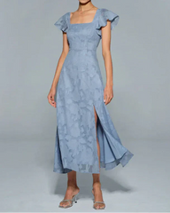 Dusty Blue Square Neck Flutter Sleeve Burnout Floral Back Tie Slit Midi Dress
