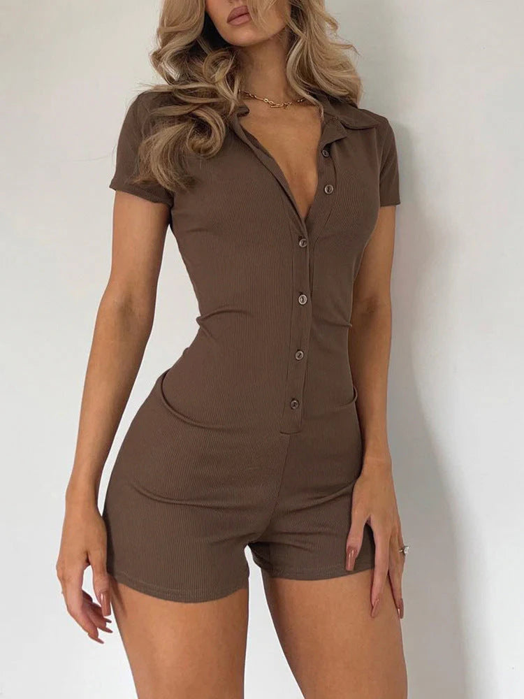 Bohemian Collared Ribbed Form-Fitting Short Sleeve Romper