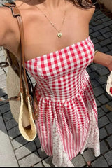 Red Gingham Strapless Ruffled Panel Midi Dress