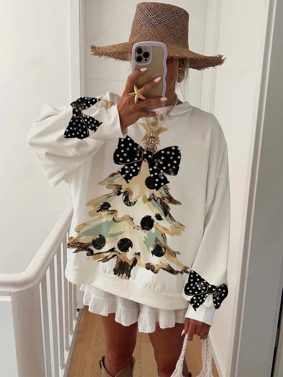 Women's Vintage Gold Dust Black Polka Dot Bow and Christmas Tree Fun Print Sweatshirt