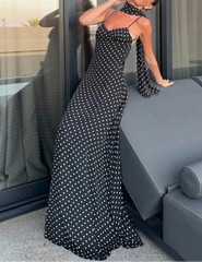 Polka Dot Slip Dress with Open Back & Neck Scarf