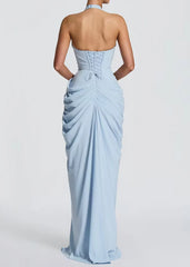 Deep V Halter Neck Draped Slit Maxi Gown
