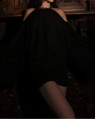 Black Halter Off-Shoulder Open Back Chain Detail Sexy Mini Dress