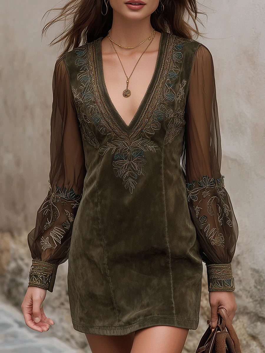 Bohemian Olive Suede Embroidered Mini Dress