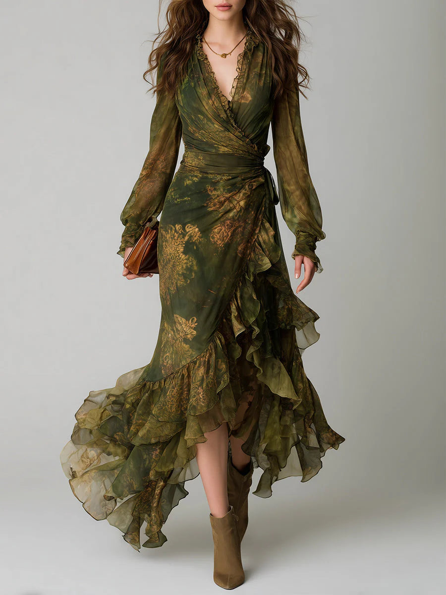 Bohemian Holiday Print Irregular Ruffled Hem Chiffon Maxi Dress