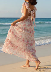White Pink Floral Smocked Flutter Sleeve Tiered Maxi Dress