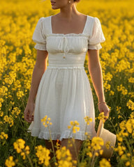White Puff Sleeve Ruffle Mini Dress