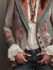 Vintage Button Floral Polyester Velvet Blazer