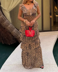Wild Animal Print V-Neck Ruffle Split Maxi Dress