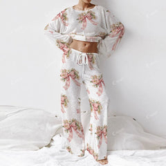 Colordate Women's Bow And Flower Print Long Sleeve Cotton Homewear Set