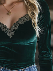 (clearance)V-neck Velvet Lace Slim-fit Long-sleeved Shirt