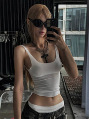 Bohemian Style Spicy Girl U-Neck Fitted White Crop Tank Top