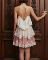 Ivory Blush Lace Tiered Criss-Cross Back Mini Dress