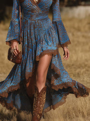 Retro Leopard Print Contrast Lace Trim Midi Dress