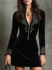 Elegant Luxury Black Velvet With Gold Embroidered Detailing Mini Dress