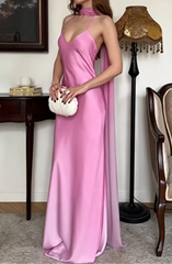 Pink Satin V-Neck Spaghetti Strap Backless Evening Gown with Drape