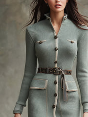 Vintage Pocket Contrast Trim Knit Midi Dress