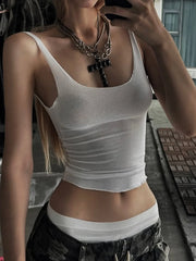 Bohemian Style Spicy Girl U-Neck Fitted White Crop Tank Top