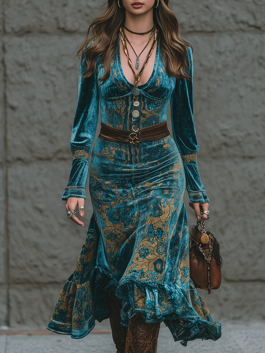 Retro-Chic Luxury Blue-Green Velvet Ruffled Hem Midi Dress