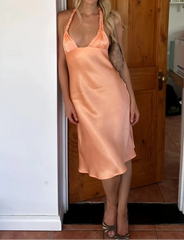Peach Satin Braid Halter Deep V Midi Dress