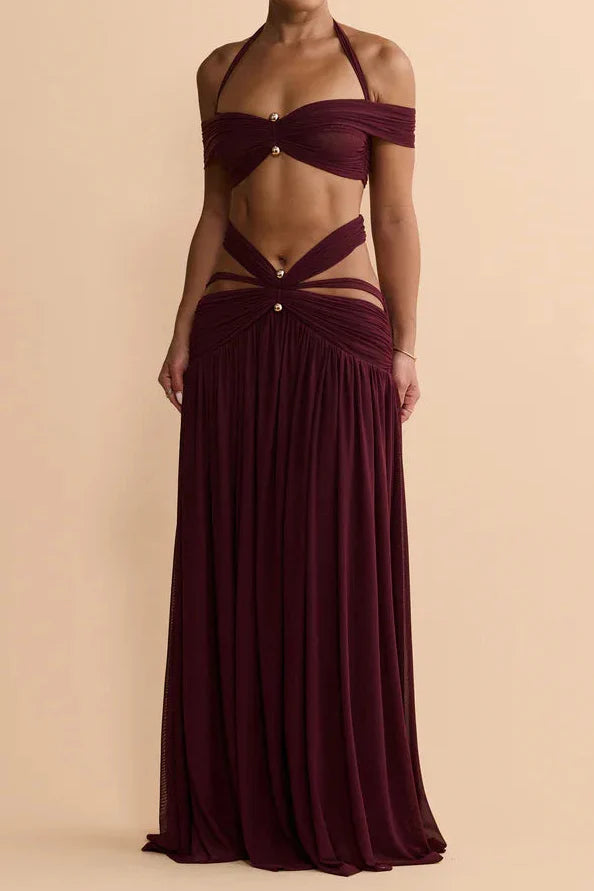 Halter Off-Shoulder Mesh Cut-Out Waist-Cinching Maxi Two-Piece Set | Sexy Backless Vacation Outfit