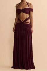 Halter Off-Shoulder Mesh Cut-Out Waist-Cinching Maxi Two-Piece Set | Sexy Backless Vacation Outfit