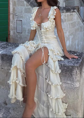 Cream Ruffle Sleeveless Lace-Up Corset Asymmetric Tiered Ruffle Maxi Dress