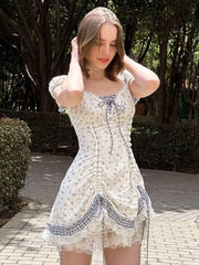 French Countryside Floral Puff Sleeve Mini Dress | Lace Trim Ruched