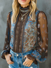 Vintage Boho Floral High Neck Sheer Lace Blouse With Puff Sleeve