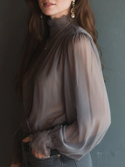 Elegant Stand-collar Chiffon Blouse With Lace Trim