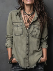 Vintage Pockets Long Sleeve Washed Blouse