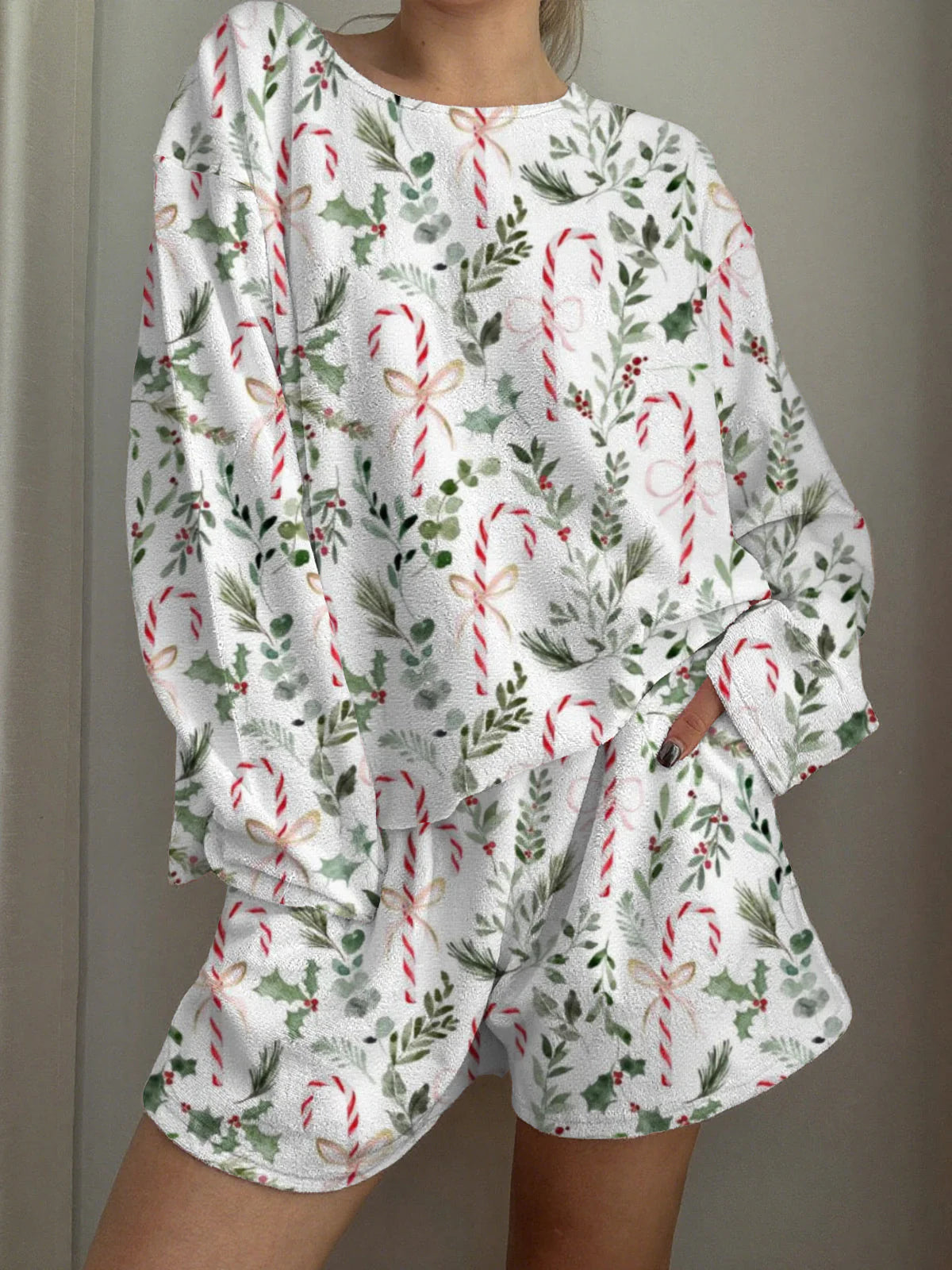 Christmas Candy Cane Printed Long-Sleeved Shorts Loungewear Set