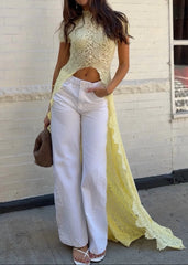 Sheer Lace Cutout High Neck Top（Only tops）
