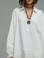 Retro Oversized Shirt Wide Lace Hem Mini Dress