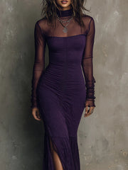 Elegant Mesh Spliced washed Cotton Hem Slit Maxi Dress