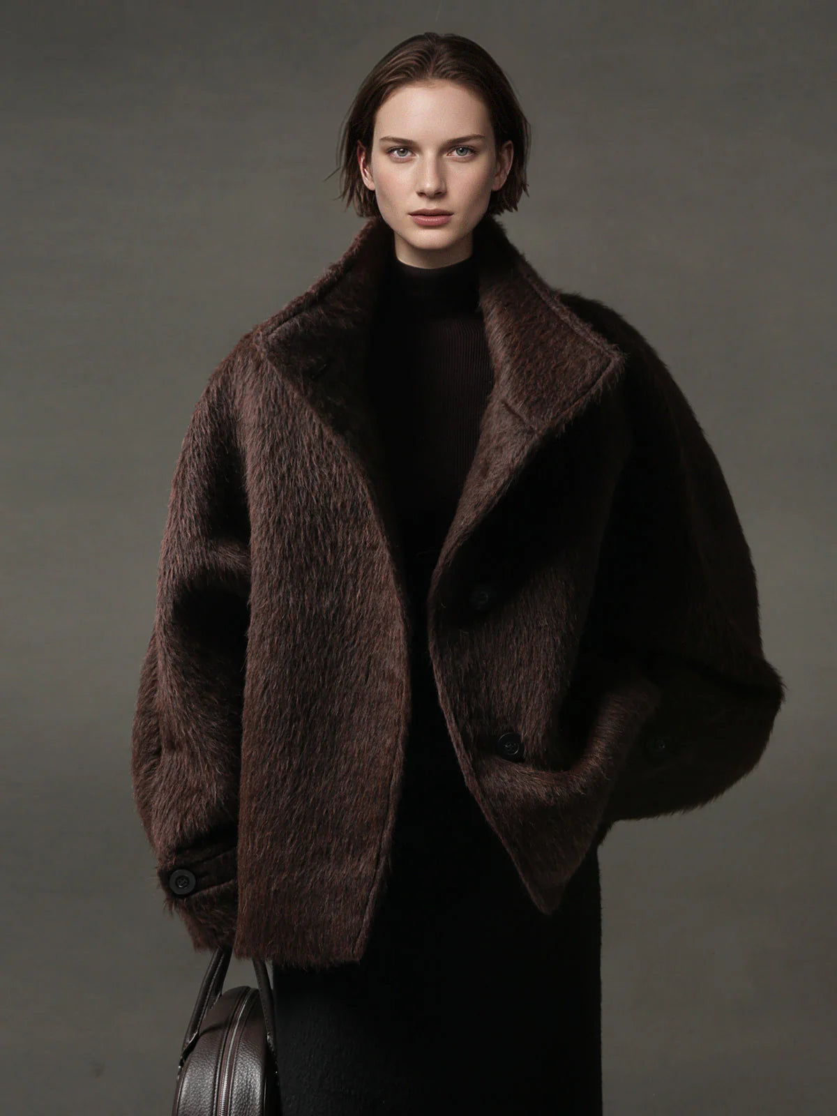 Alpaca Wool Biker Jacket for Women – Stand Collar Suoli Alpaca Coat with Luxe Textured Finish, Winter Chic Outerwear