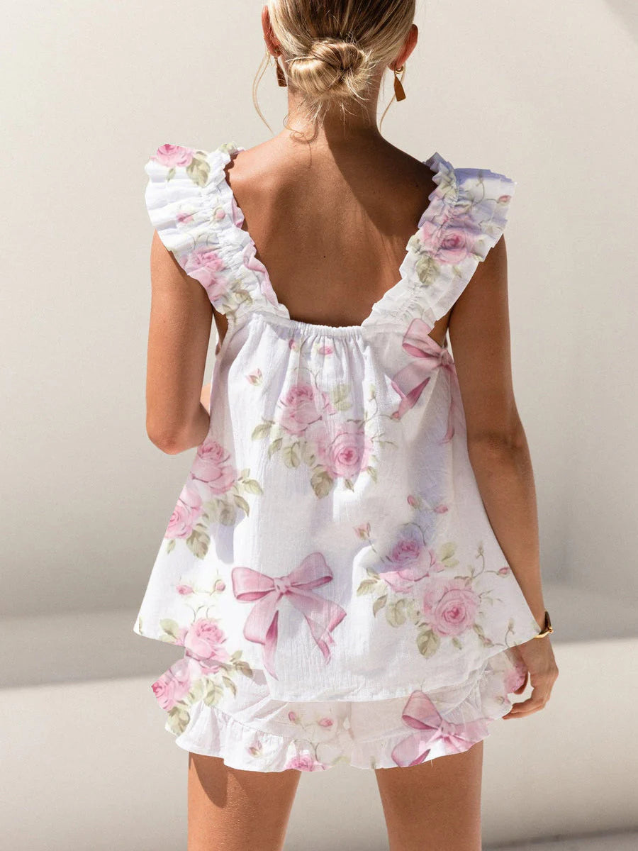 Rose Bow Print Ruffled Trim Short Tank Top Shorts Pajama Set