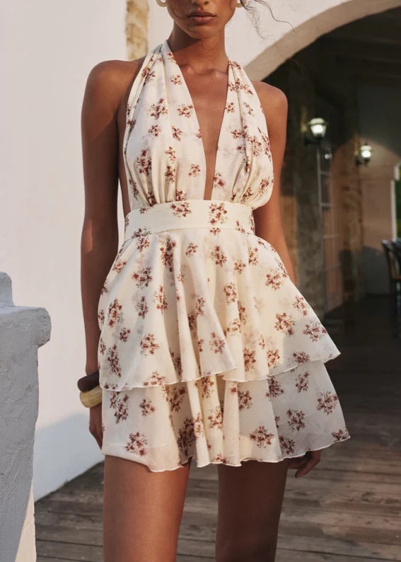 Floral Halter Tiered Ruffle Mini Dress