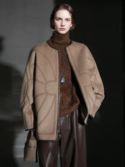Elegant Wool Coat for Women – Double-Faced Suri Alpaca Blend Overcoat with Chain Motif and Leather Trim