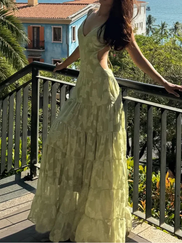 Light Green Jacquard Open-Back Tiered Maxi Dress