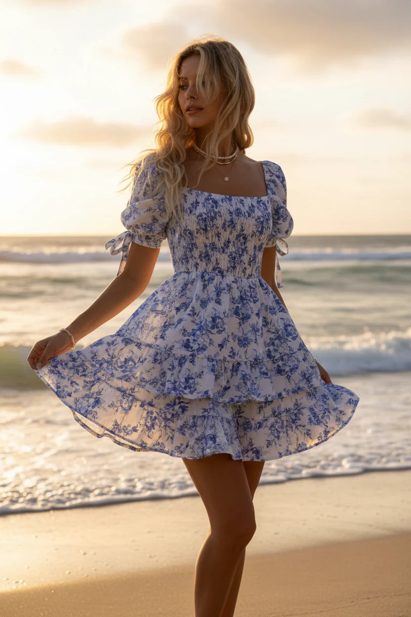 Blue Floral Smocked Mini Dress