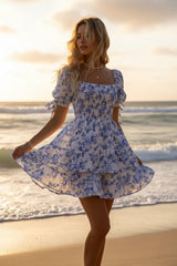 Blue Floral Smocked Mini Dress