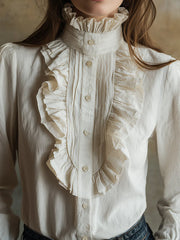 Vintage Cotton Blend Ruffle Placket Blouse