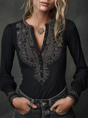 Bohemian Black Embroidered Long-Sleeved Top
